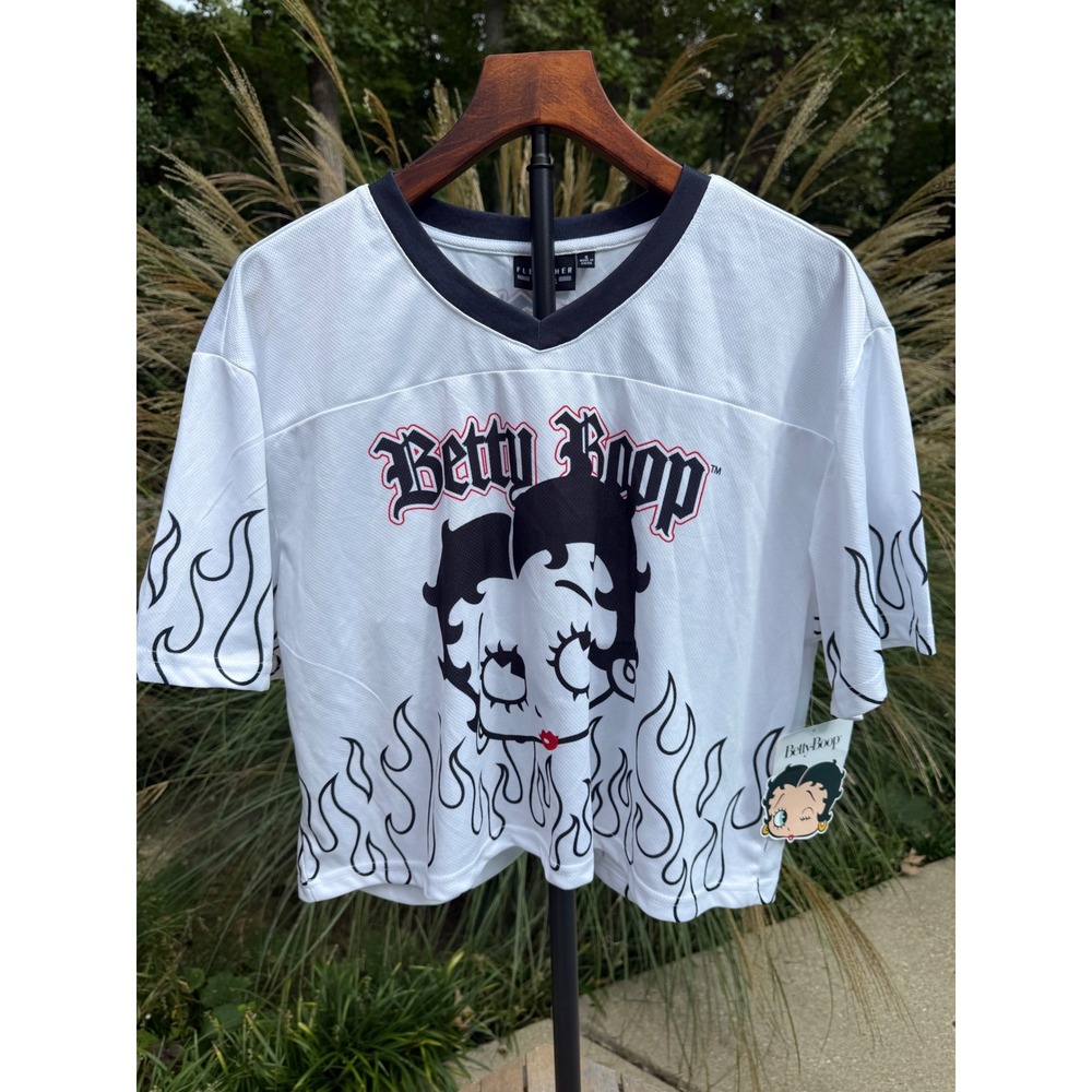 Betty Boop White Flame Graphic Mesh Jersey Shirt Women Small Y2K Streetwear